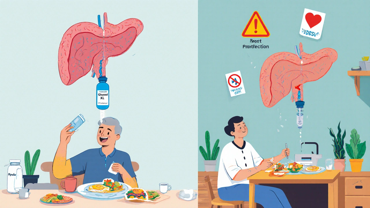 A cartoon pancreas comparing insulin release patterns between Glucotrol XL and Rybelsus, with health icons floating around.