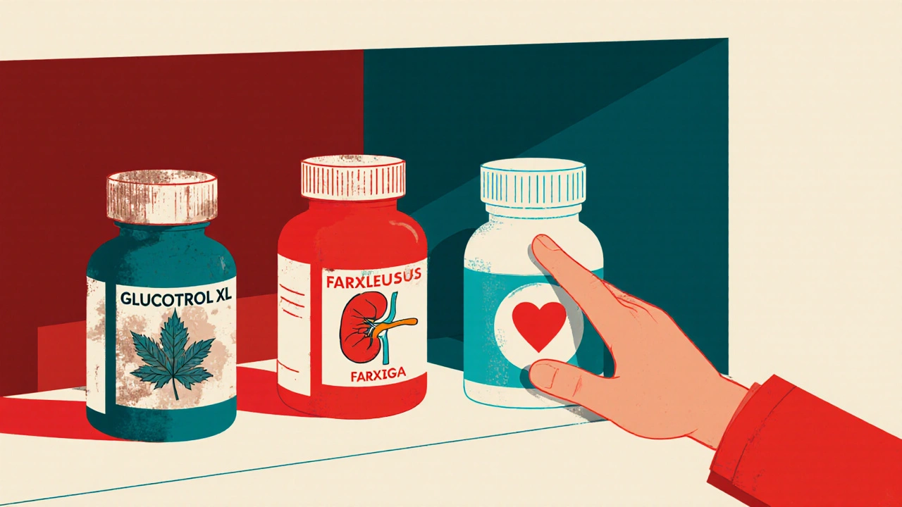 A pharmacy shelf showing outdated and modern diabetes medications, with symbolic icons highlighting their benefits and risks.