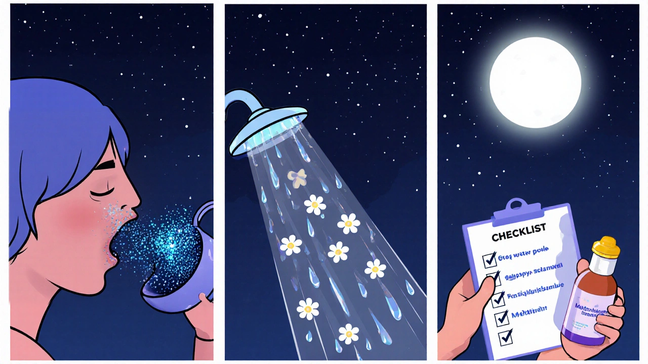 Bedtime routine showing nasal rinse, shower, medication and a glowing checklist for restful sleep.
