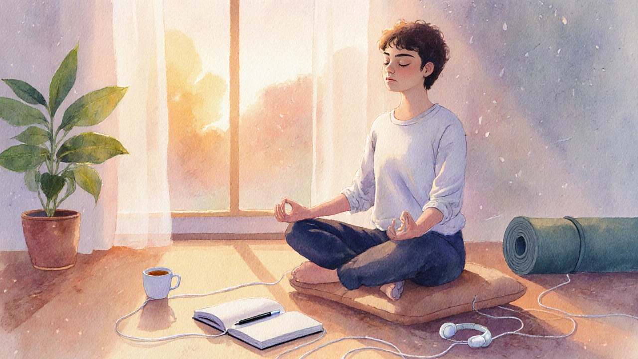 Calm indoor scene of someone meditating with journal, tea, and earphones playing rain sounds.