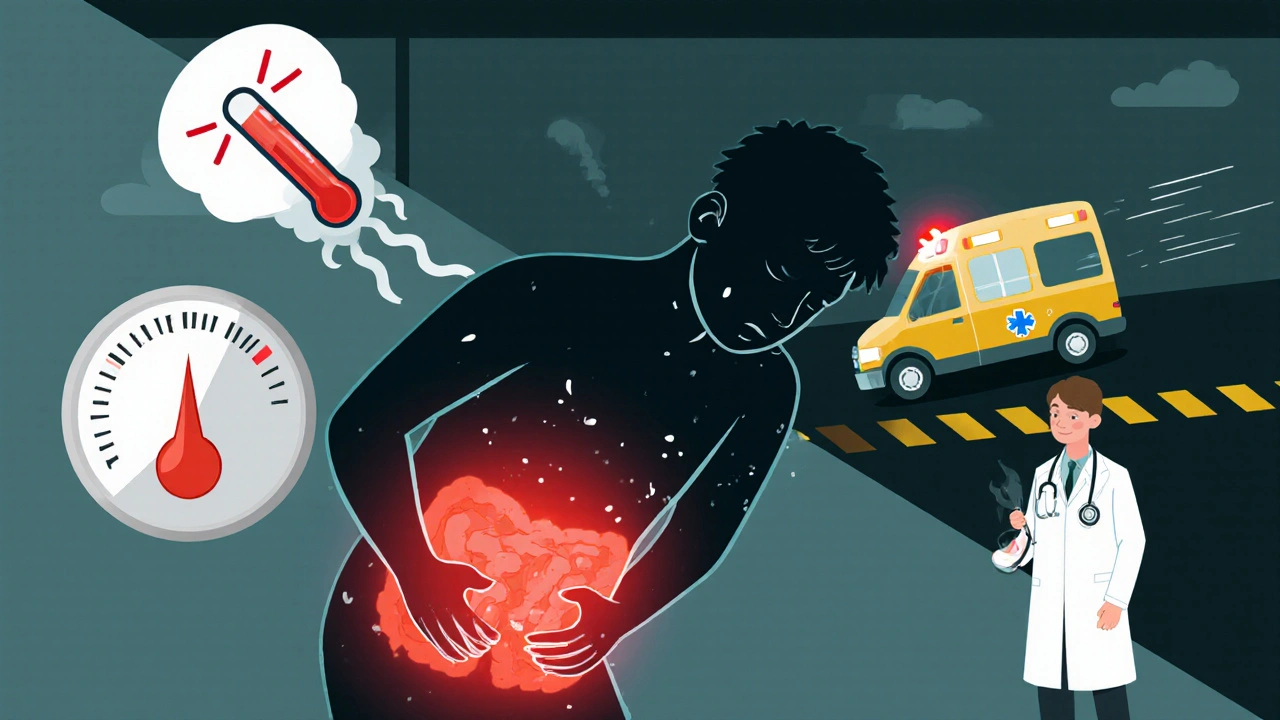 Cartoon scene of a person in severe abdominal pain with fever, vomiting and an ambulance arriving.