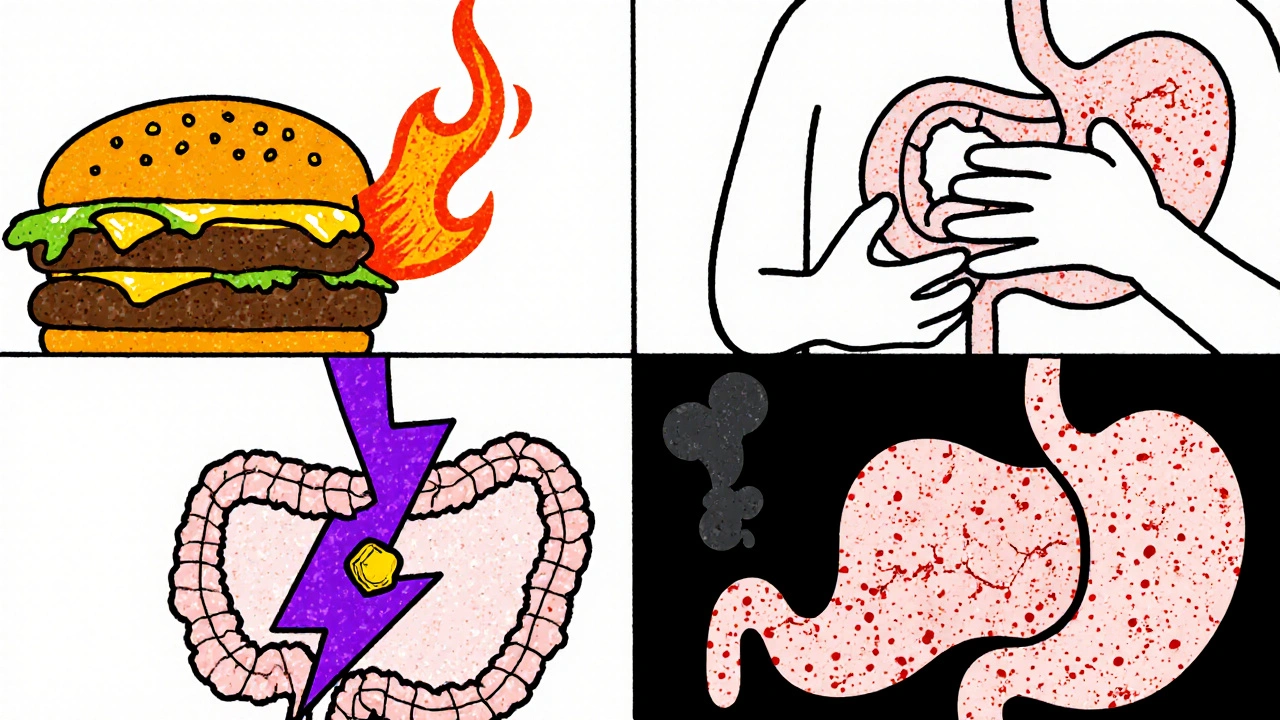 Cartoon split‑panel showing greasy food, gallstone, pancreas pain, and stomach ulcer as epigastric triggers.