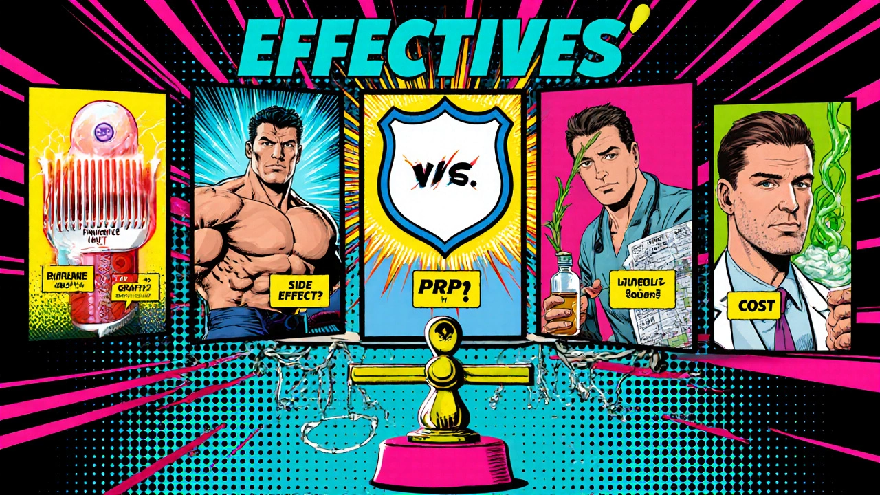 Comic panel lineup of hair‑loss treatments with icons, side‑effect symbols and cost tags in bright colors.