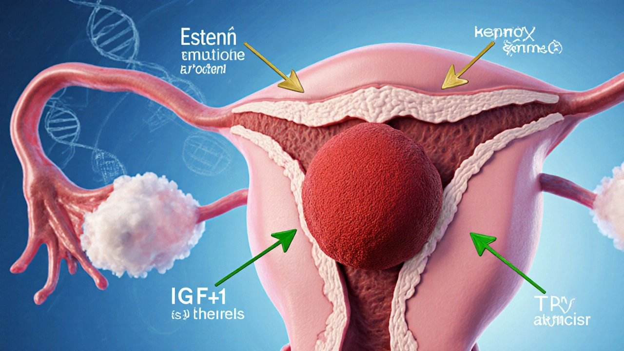 Cross‑section of uterus with highlighted fibroid and arrows for hormonal factors.