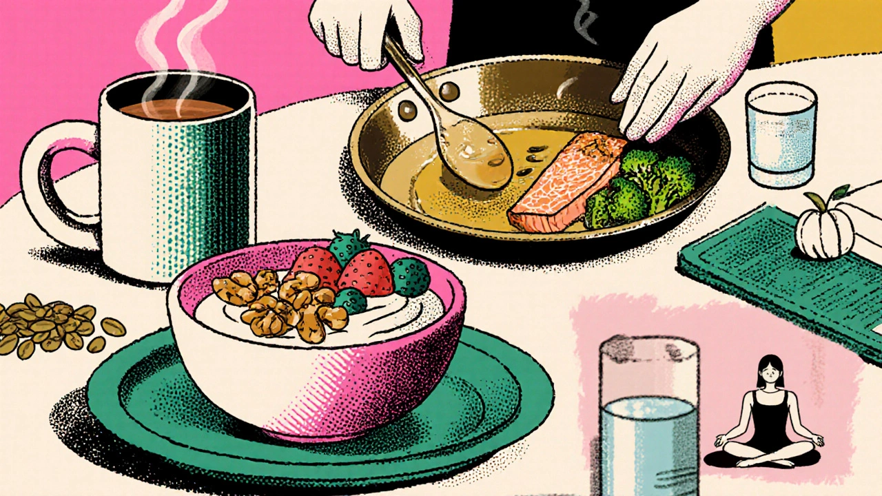 Day‑in‑the‑life montage showing a yogurt breakfast, salmon lunch, and mindful eating with water and pumpkin seeds.