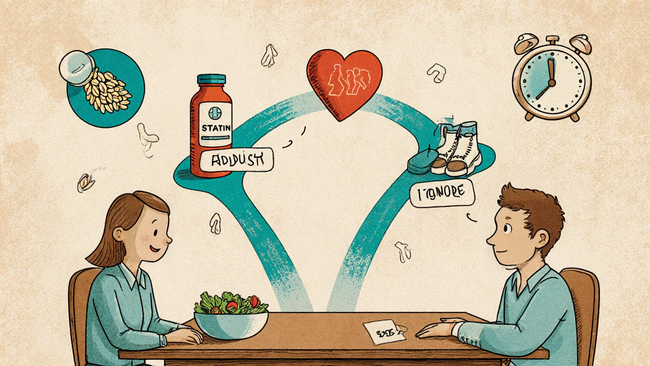 Doctor and patient facing two paths from a pill: one to healthy choices, one to plaque buildup, in vintage screenprint style.