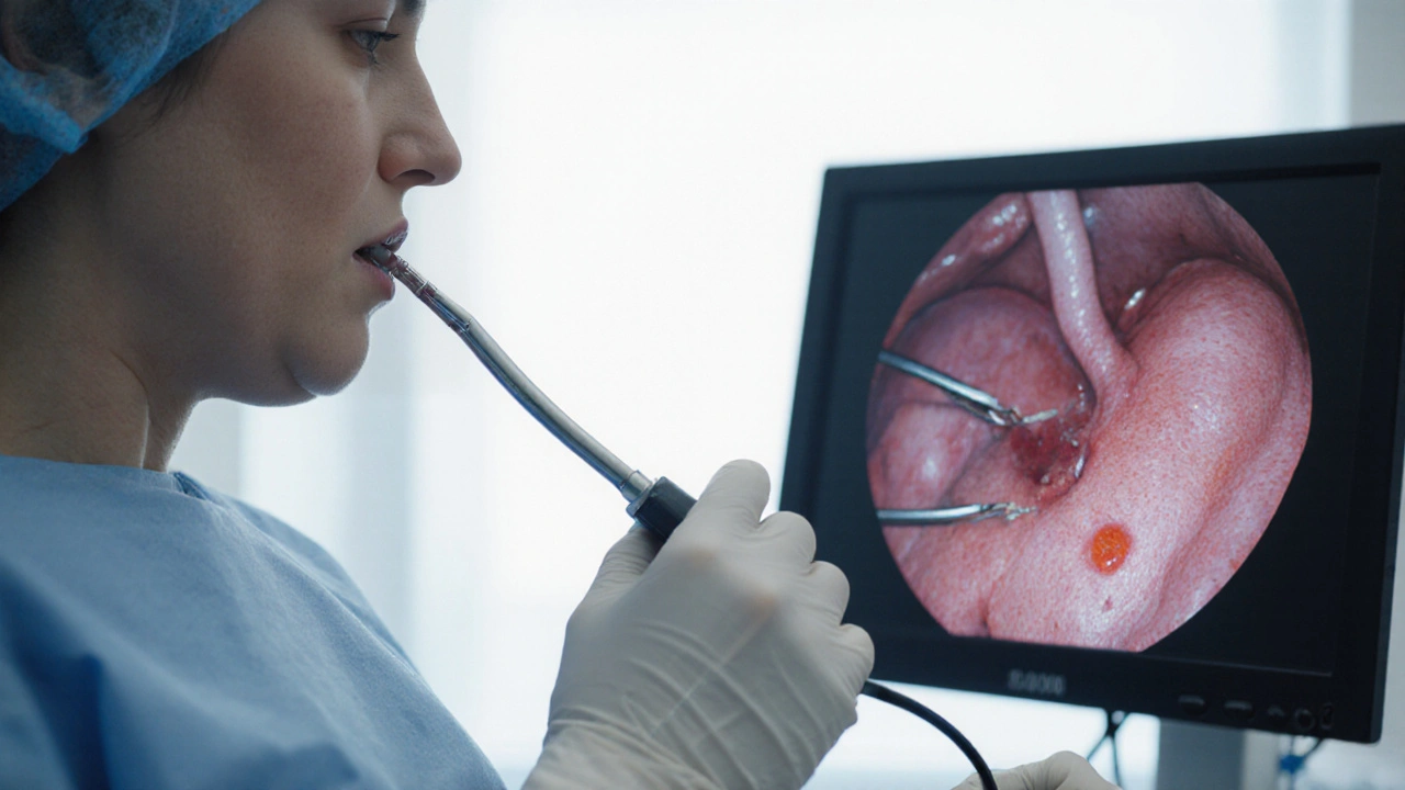 Doctor performing endoscopy, showing stomach lining and biopsy tool on monitor.