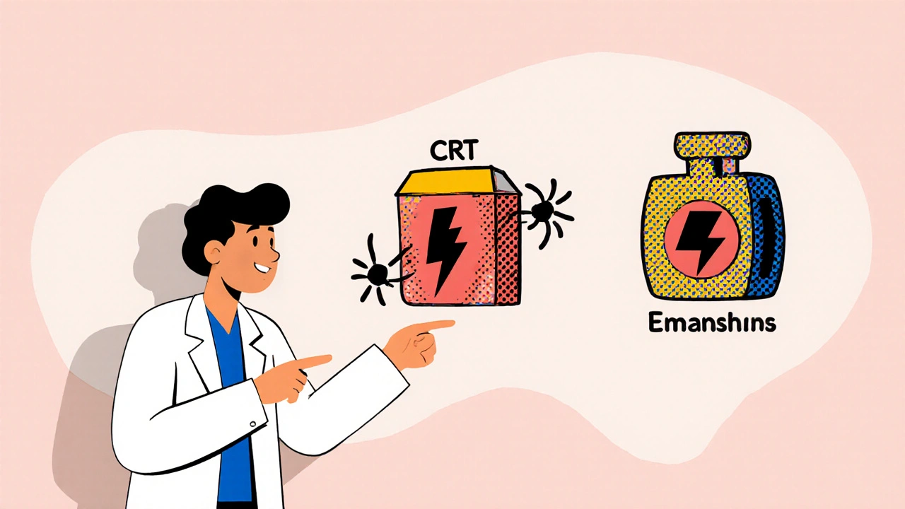 Doctor pointing to three cartoon cardiac devices: CRT, ICD, and LVAD, each with distinct symbols.