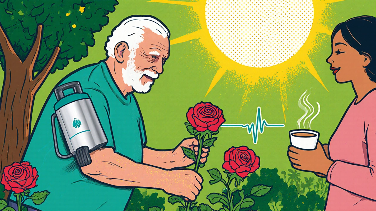 Elderly patient gardening happily with a subtle LVAD pump glowing nearby.