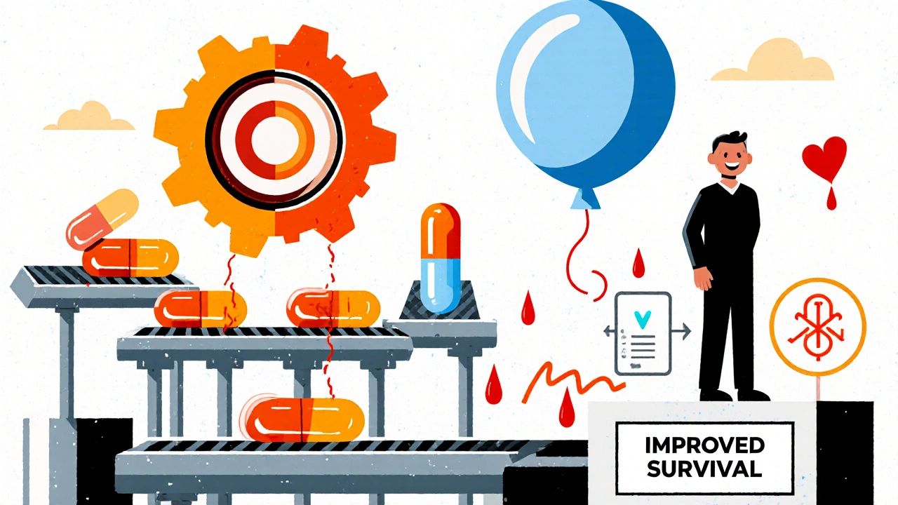 Factory line showing abiraterone blocking androgen production and improving patient health.