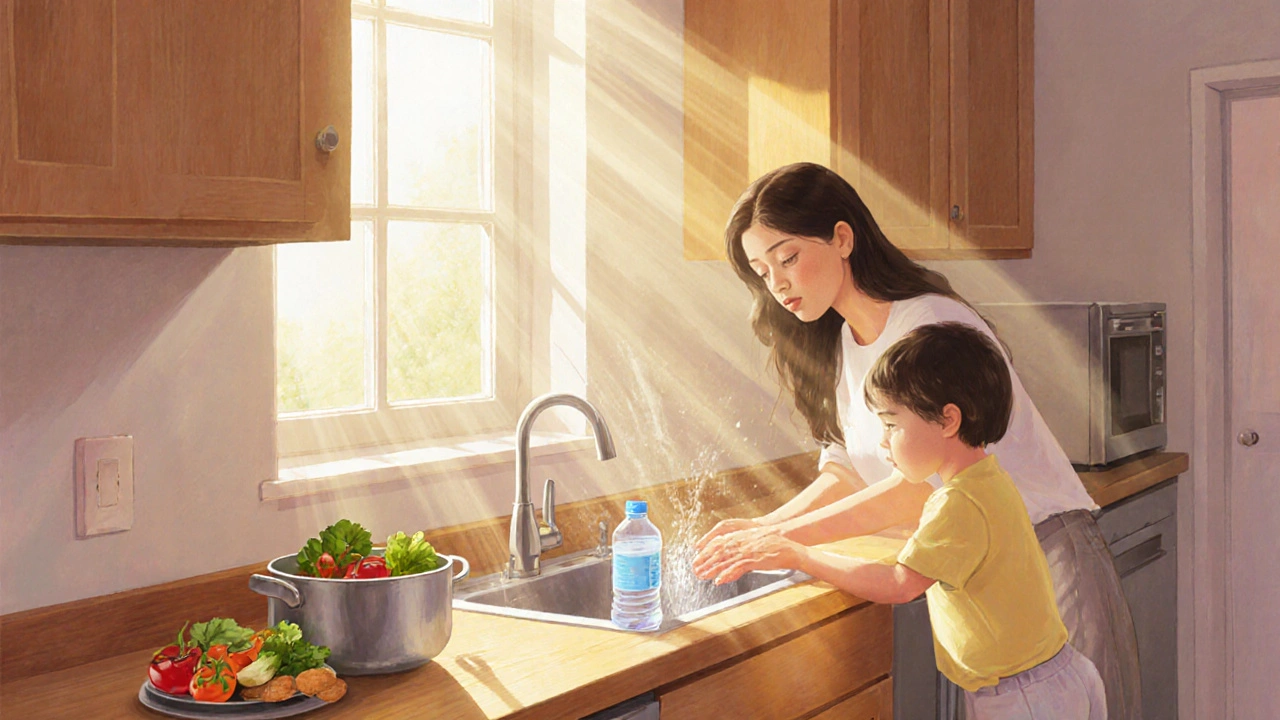 Family in kitchen washing hands and preparing cooked food, emphasizing hygiene.