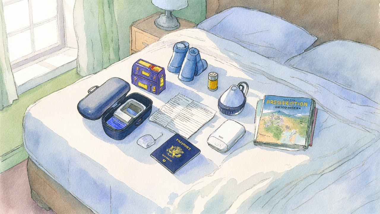 Flat lay of inhalers, oxygen device, and travel documents neatly arranged on a bed.