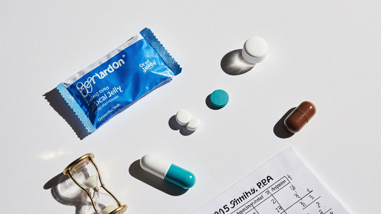 Flat‑lay of various ED pills and a jelly sachet with hourglass and calendar props.