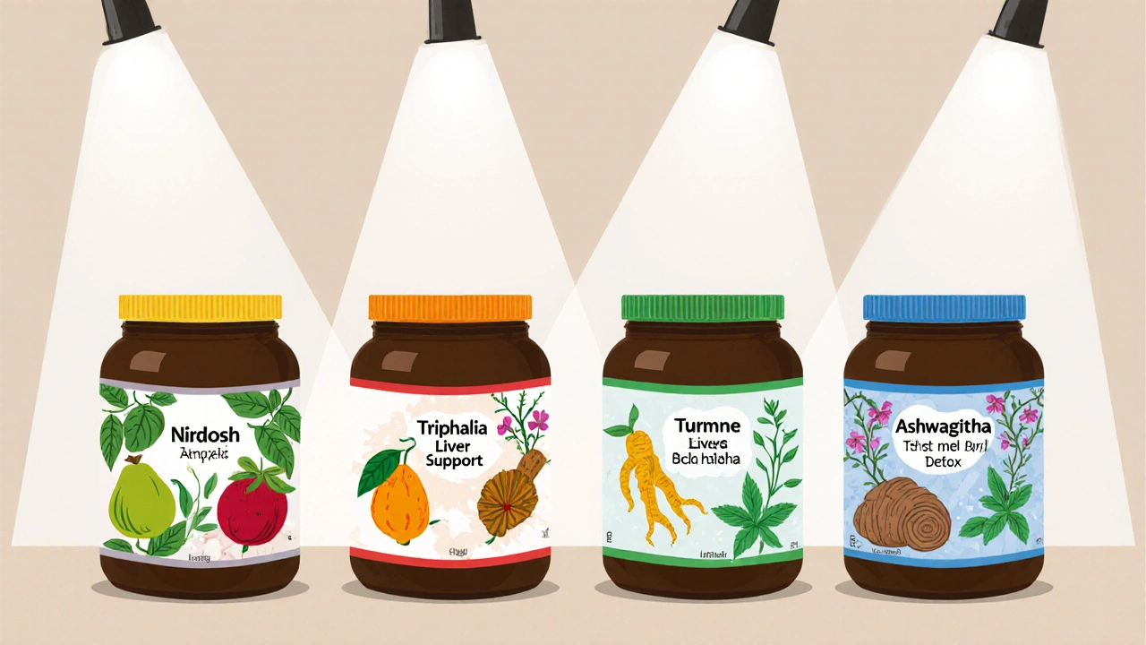 Four supplement jars displayed side by side, each surrounded by their key botanical ingredients.