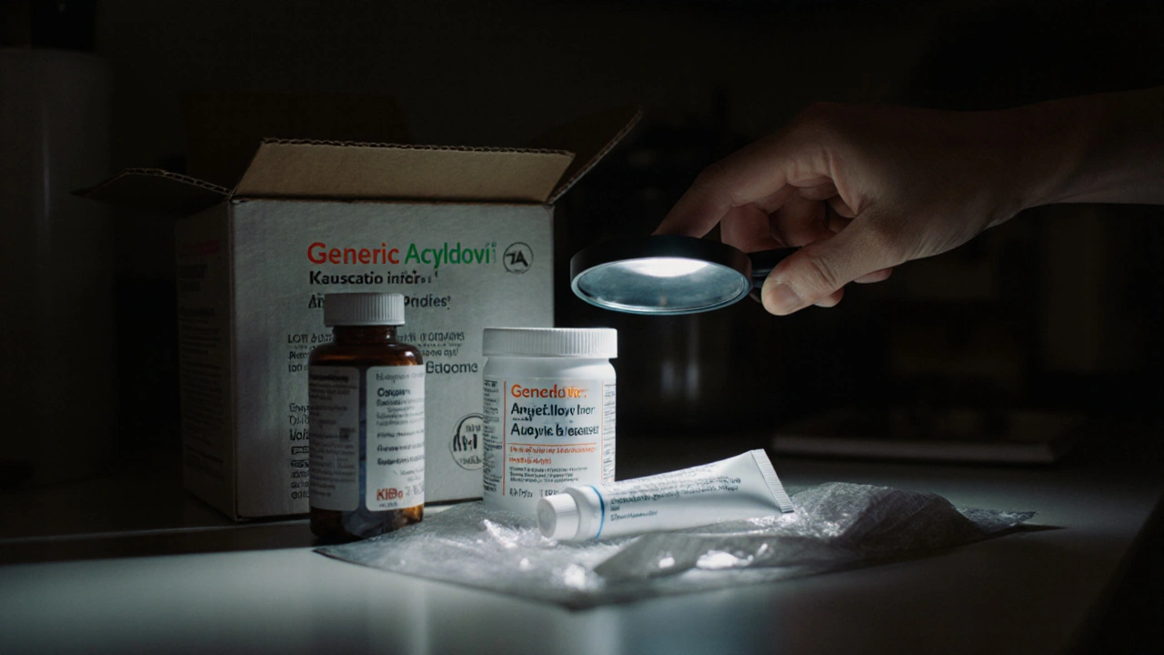 Hand inspecting a delivered medication package with a magnifying glass.