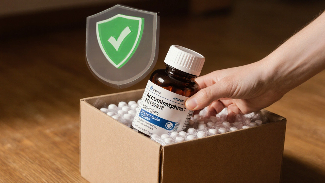 Hand opening a delivery box showing a legitimate bottle of acetaminophen with safety icons.