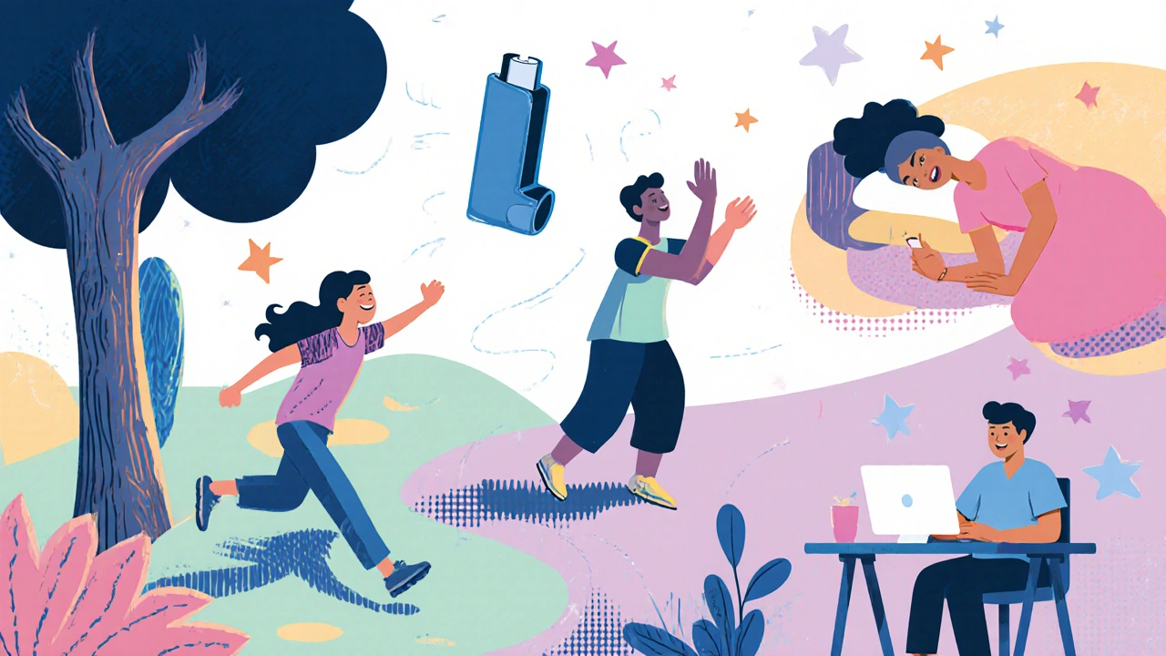 Happy person running, sleeping, and working with a faint inhaler outline symbolizing relief.