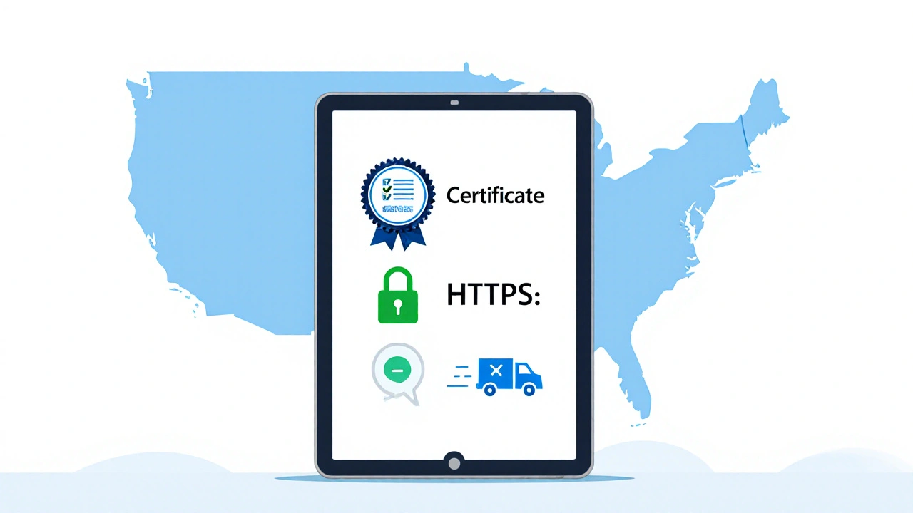 Illustrated checklist showing key factors for a legitimate online pharmacy.