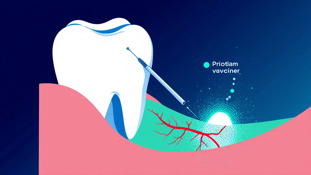 Illustration of a needle delivering Prilocaine to the inferior alveolar nerve in a lower jaw.