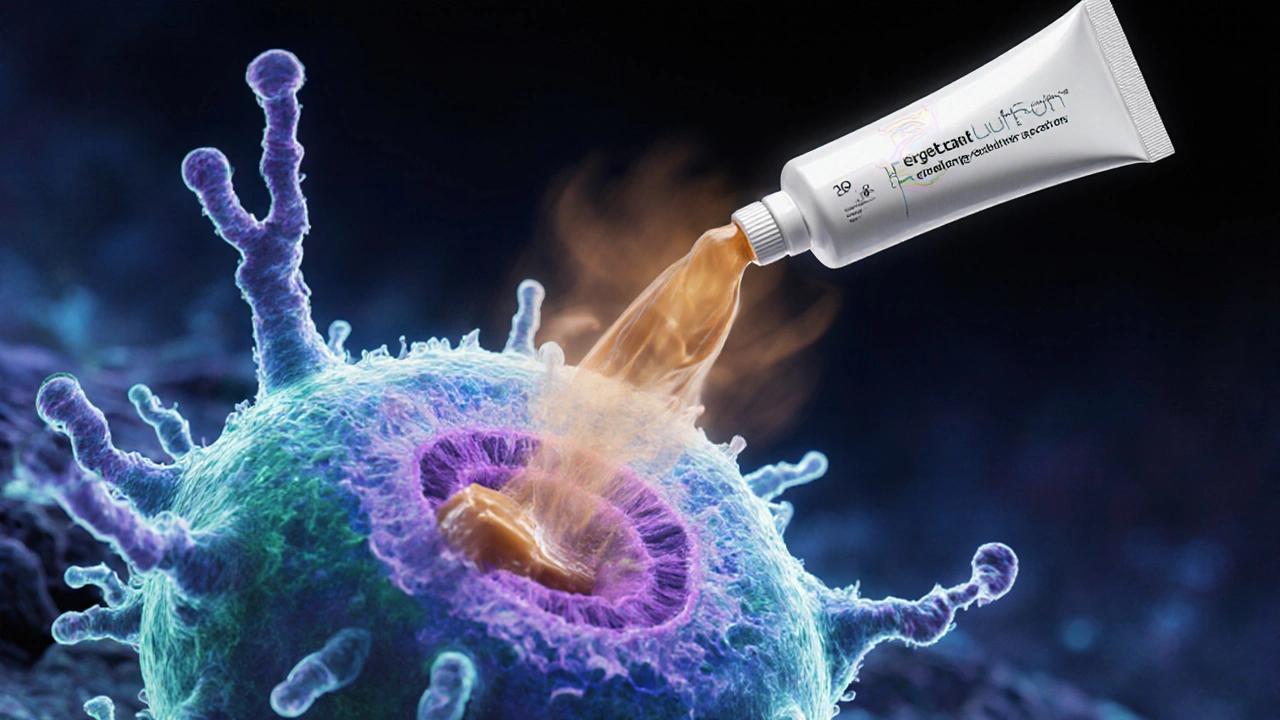 Illustration of fungal cell membrane collapsing as cream inhibits squalene epoxidase.