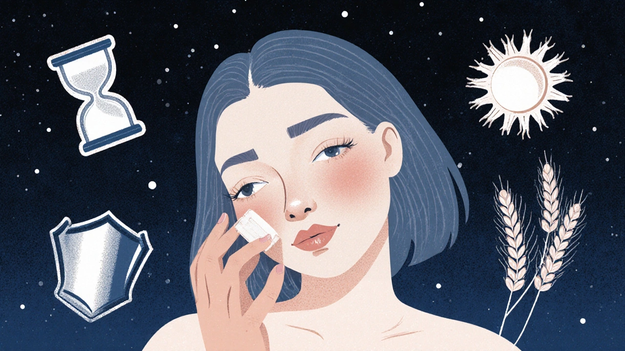 Nighttime skincare scene with azelaic acid cream applied to jawline, surrounded by symbolic icons of patience and protection.