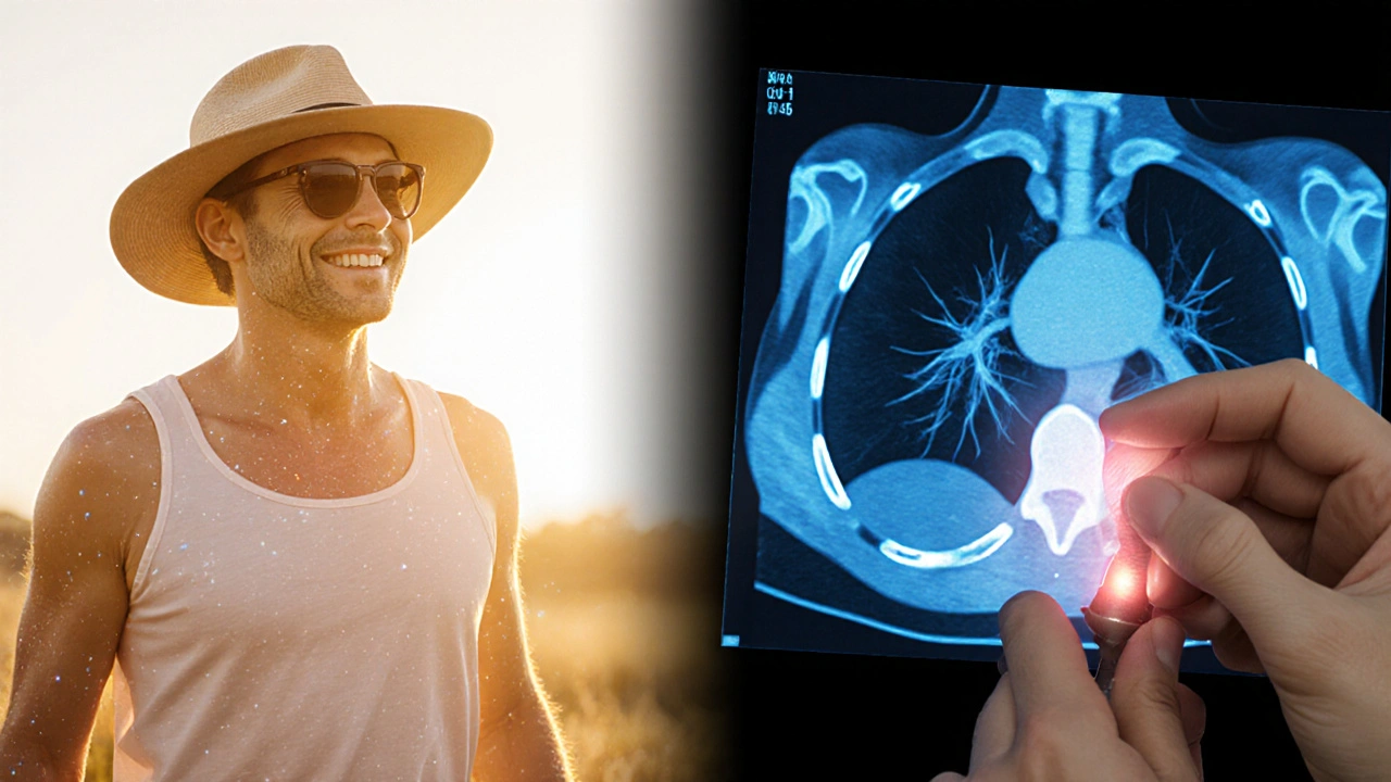 Patient wearing sunscreen and hat, with CT overlay and dermatologist examining skin.