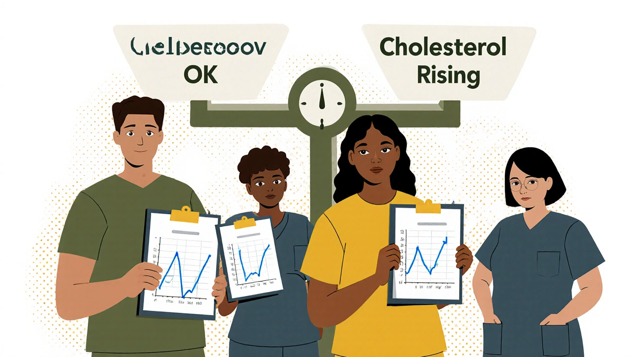 Patients holding lipid graphs under a scale tipping between blood pressure and rising cholesterol in stylized illustration.