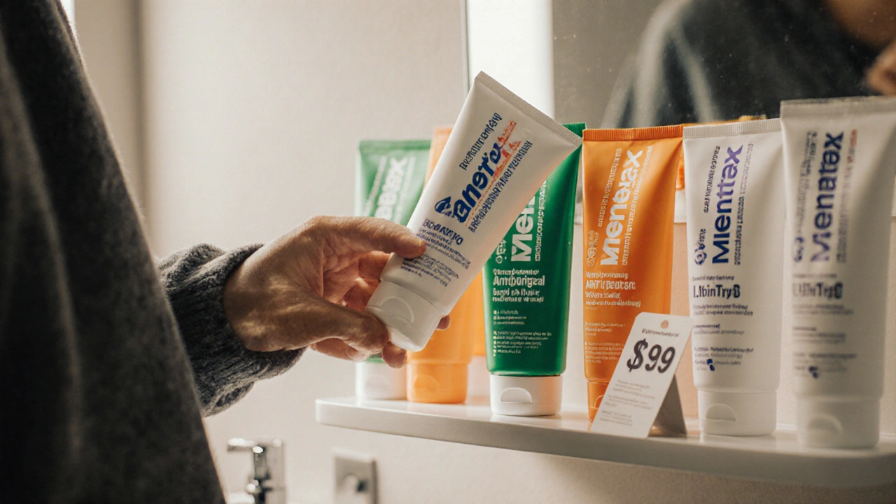 Person choosing a Mentax tube from a shelf of antifungal creams in a bathroom.