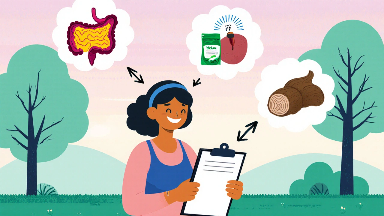 Person with thought bubbles showing gut, liver, and stress relief linked to Triphala, Neem, and Ashwagandha.