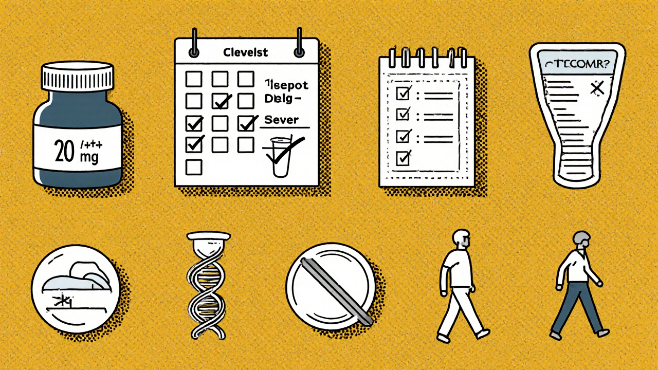 Poster checklist of safe omeprazole use with pill, test, genetics, and lifestyle icons.