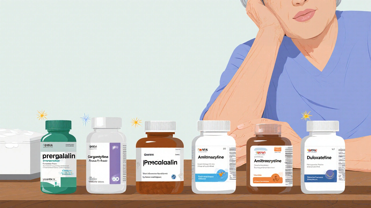 Row of colorful medication bottles with subtle symbols beside a patient.