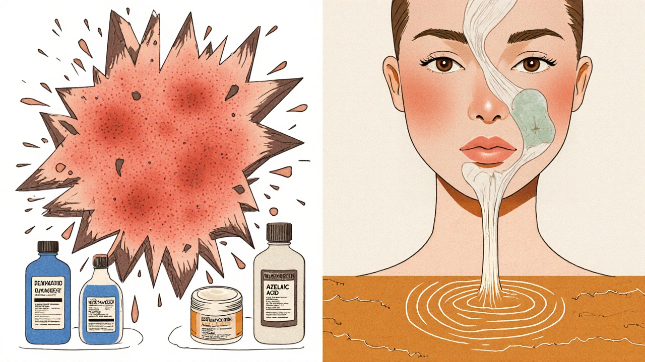 Split illustration contrasting harsh acne treatments on one side with gentle azelaic acid action on the other.