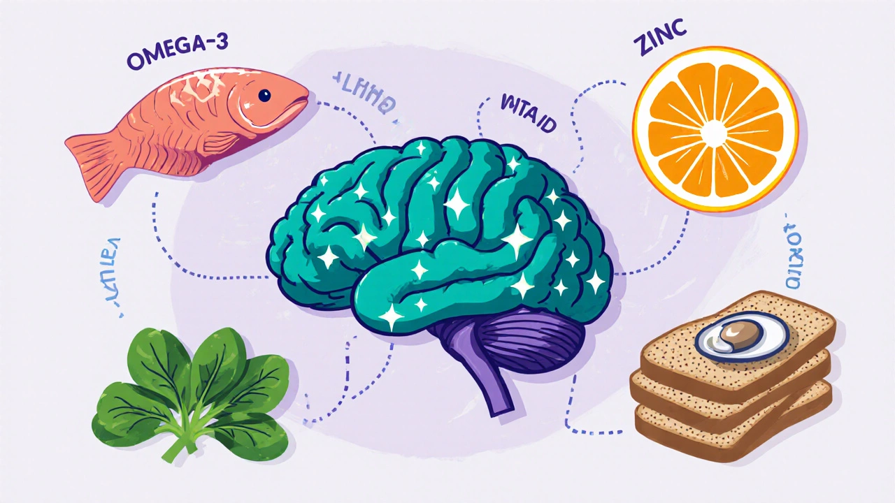 Stylized brain with glowing pathways surrounded by cartoon icons of salmon, orange, spinach, bread, and oyster.
