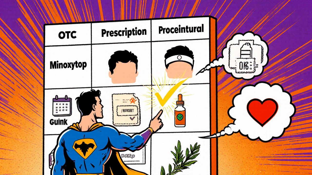 Superhero stands before a decision matrix highlighting Minoxytop as the top choice in a comic style.