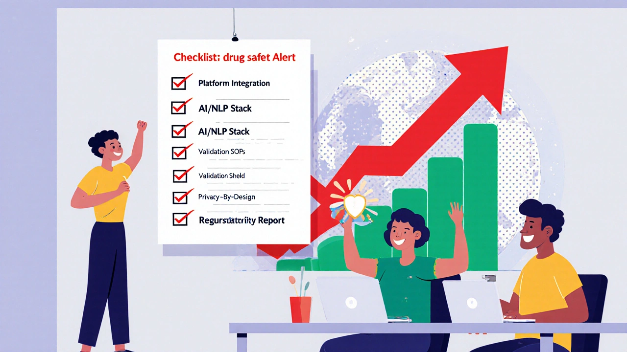 Team reviewing a checklist and celebrating a successful drug safety alert with growth chart.