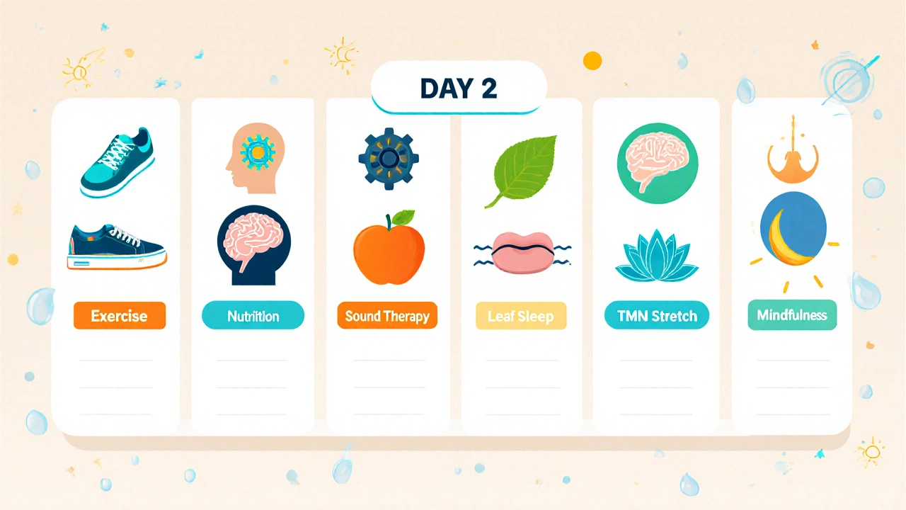 Top‑down view of a weekly planner board filled with colorful icons for exercise, CBT, sound therapy, nutrition, sleep, jaw stretch, and meditation.