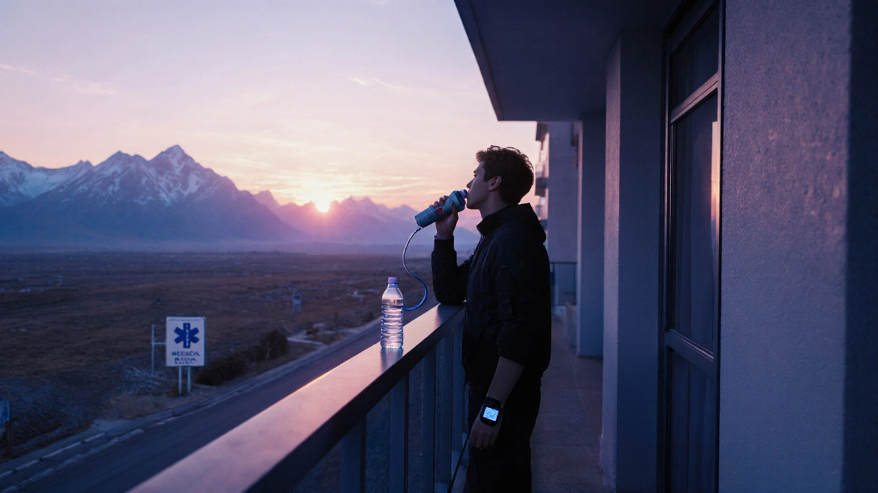 Traveler on a hotel balcony using oxygen while watching a sunrise over mountains.
