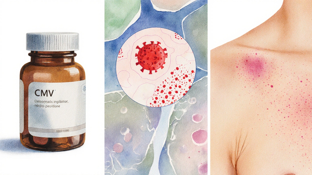 Watercolor scene of immunosuppressive pills beside virus and skin cancer cells.