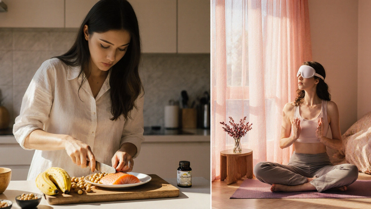 Woman preparing healthy food and doing yoga in a bright kitchen.