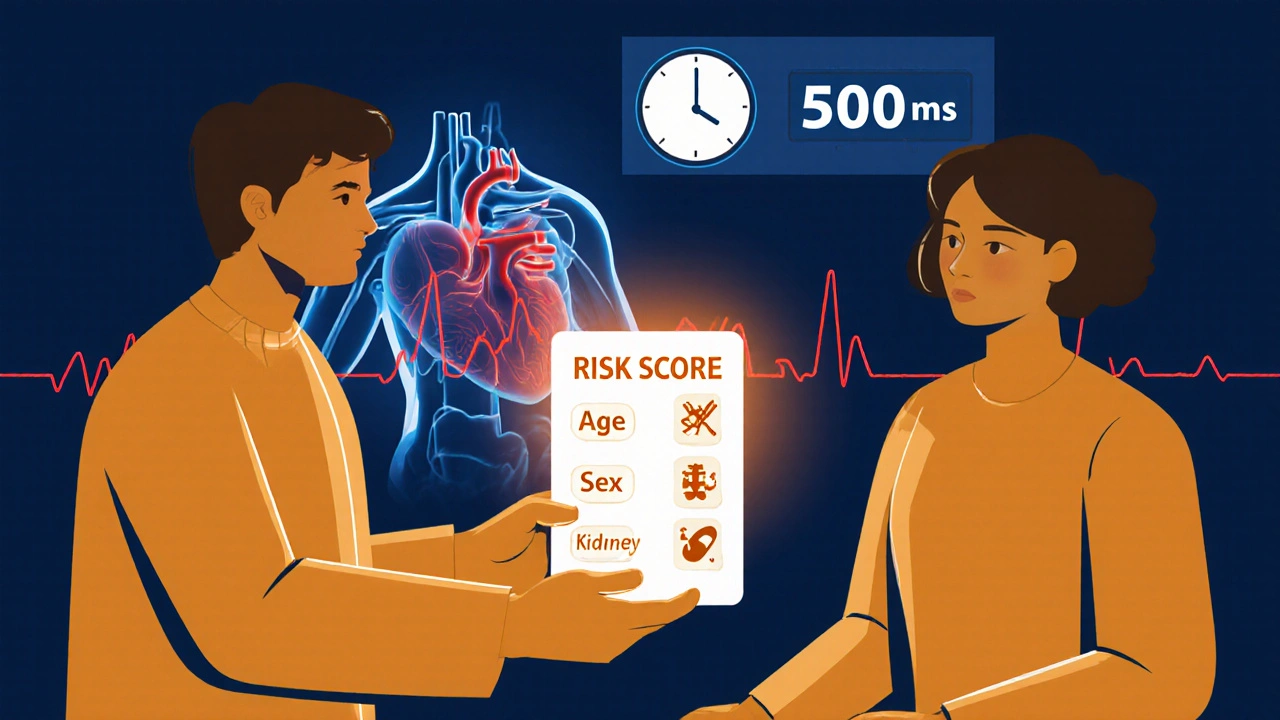 9-point risk score card glowing with heart monitor showing dangerous QT prolongation