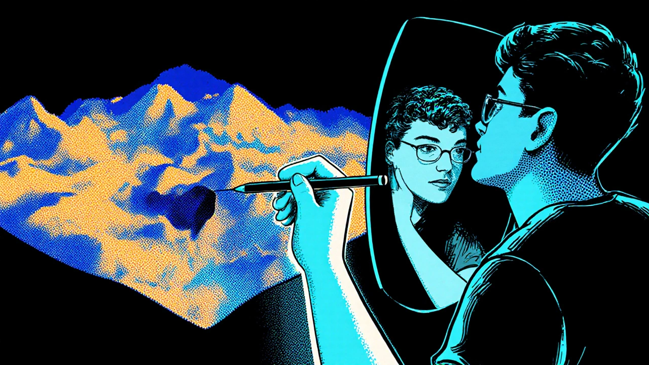 A digital corneal map being used to design a custom lens, with a person’s vision suddenly sharpening in the mirror.