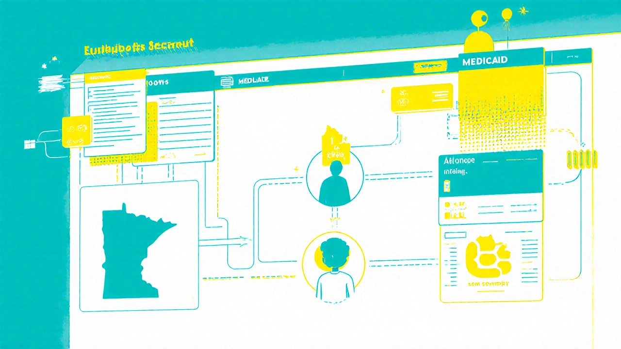 A digital dashboard showing real-time data linking employers and health programs for seamless child coverage.