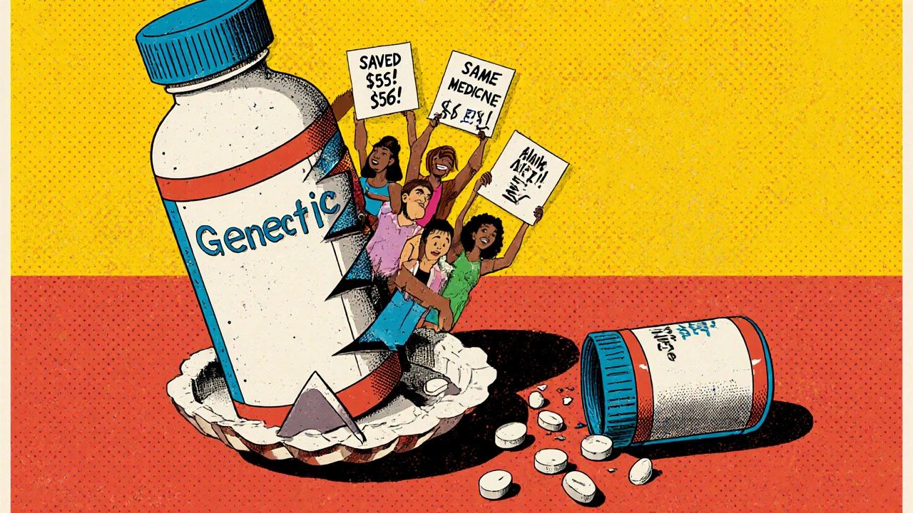 A generic pill bottle opening to reveal happy people holding savings signs, while a broken brand bottle lies shattered.