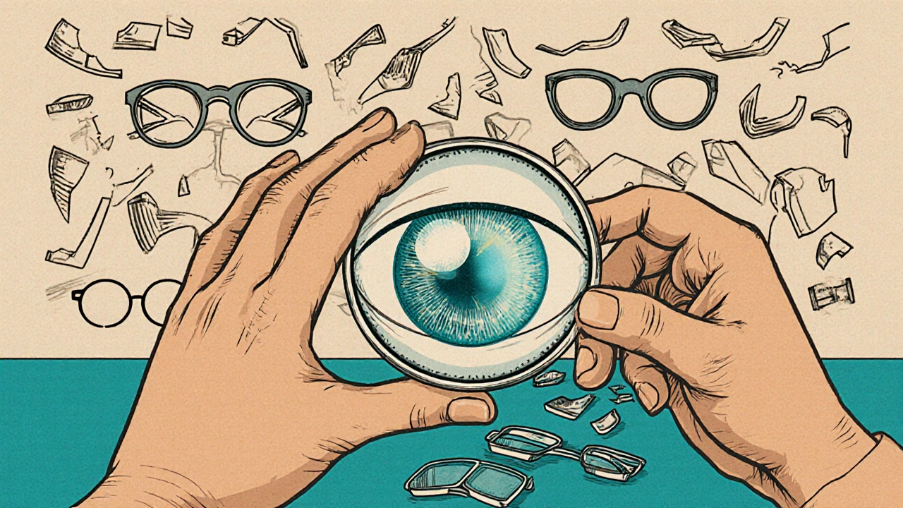 A patient inserting a scleral lens with a glowing fluid reservoir visible in cross-section.