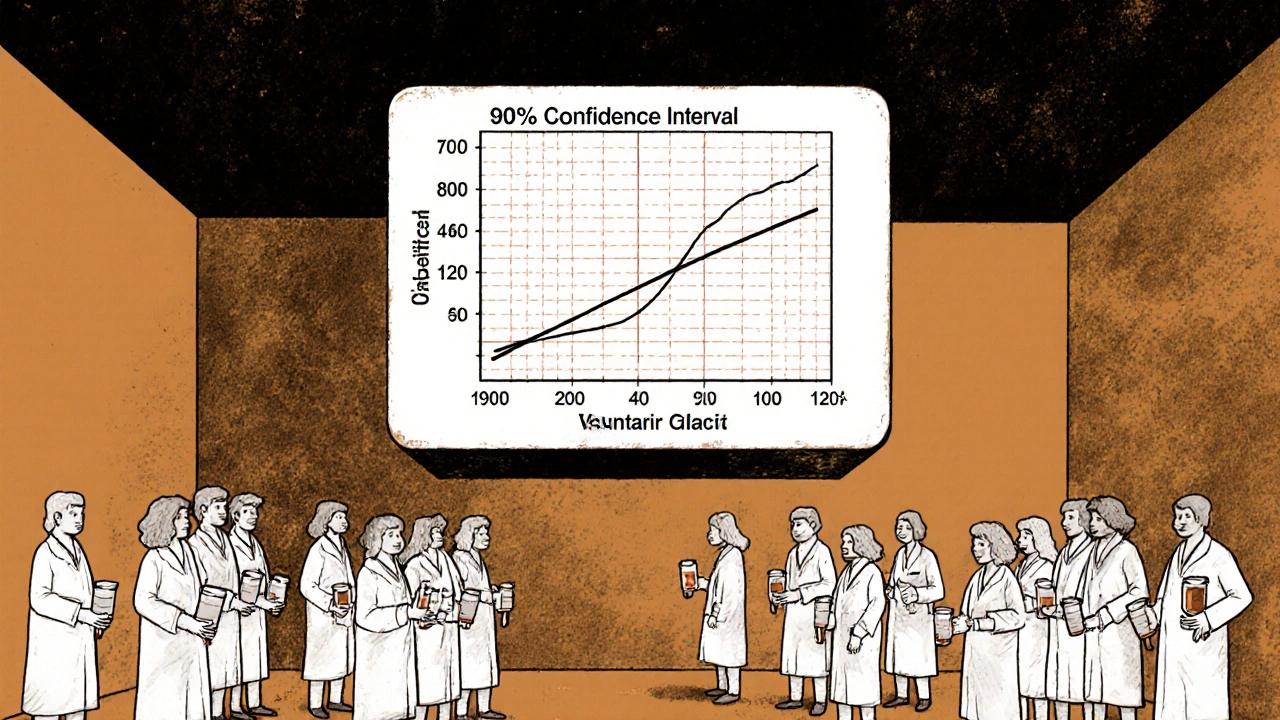Clinical trial volunteers holding blood vials with a floating calculator showing a 90% confidence interval between 80% and 125%.