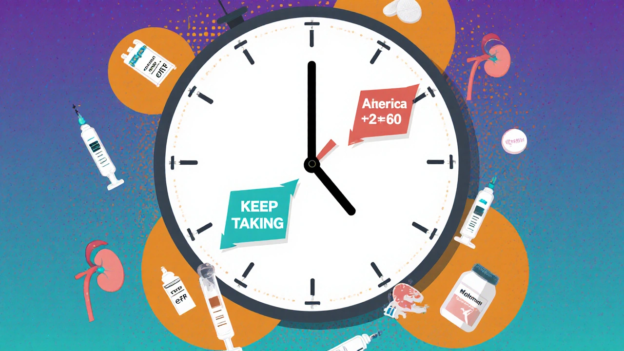 Clock diagram showing when to stop or keep metformin based on kidney function and contrast type, screenprint style.