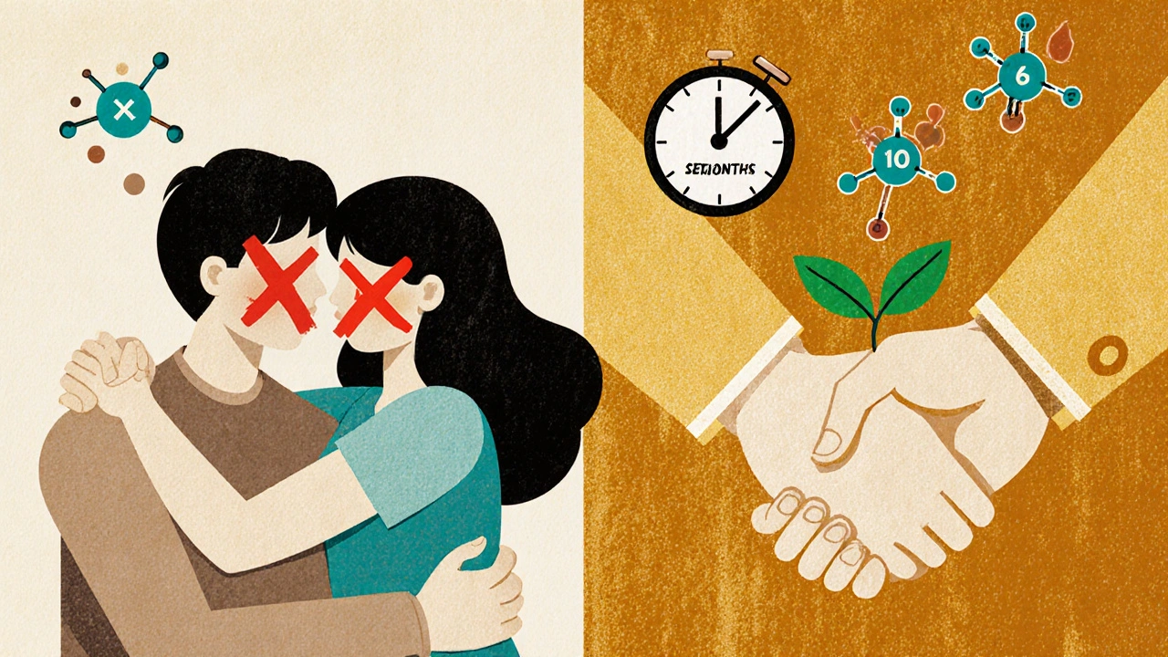 Couple with red X over intimacy on one side, healing with green leaf on the other, symbolizing sexual side effects.