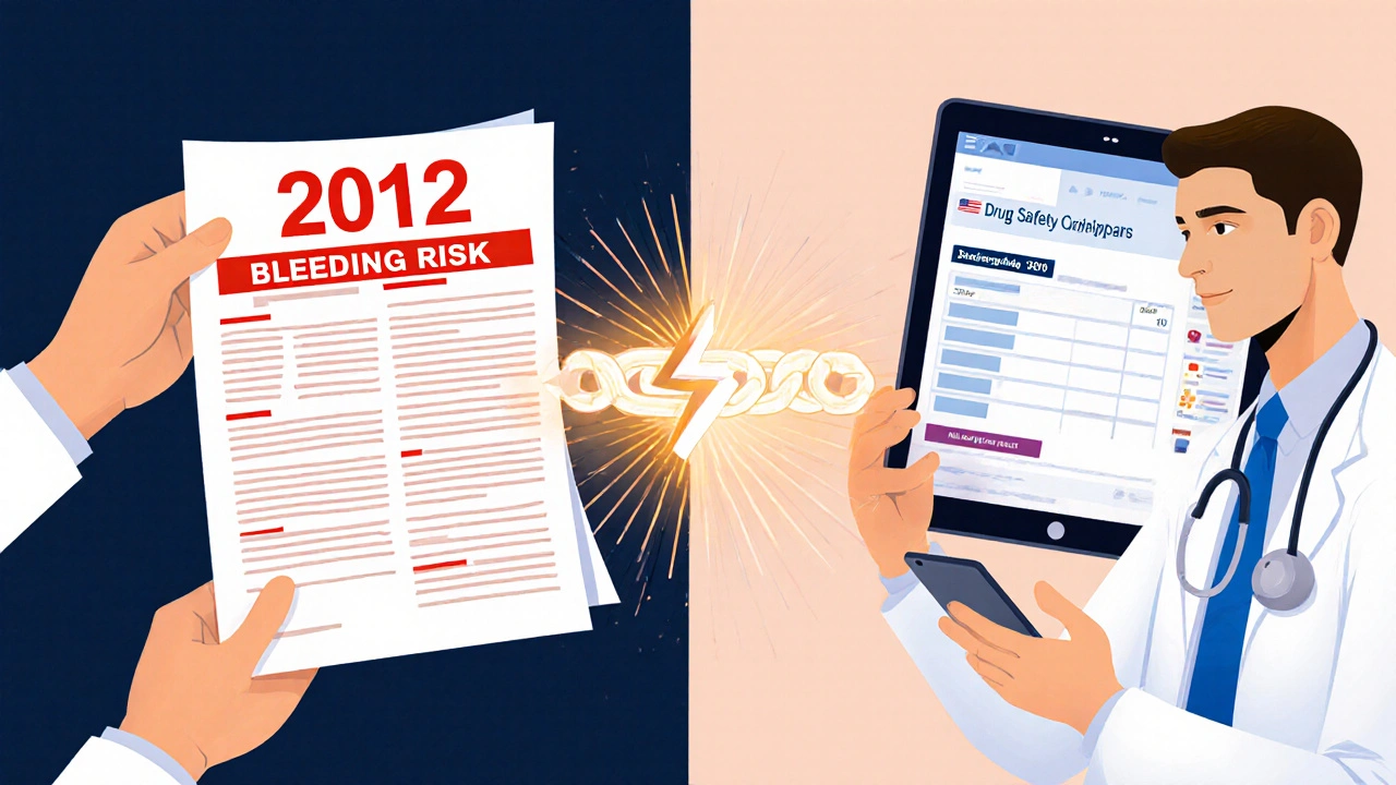 Doctor comparing a 2012 drug warning paper to a modern database screen, with a broken timeline between them.