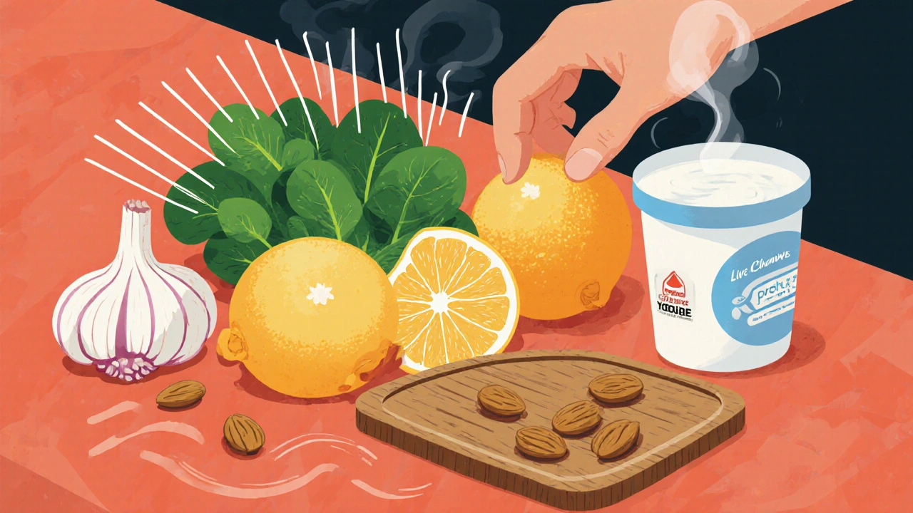 Five immune-boosting foods arranged on a wooden plate with light rays emanating.