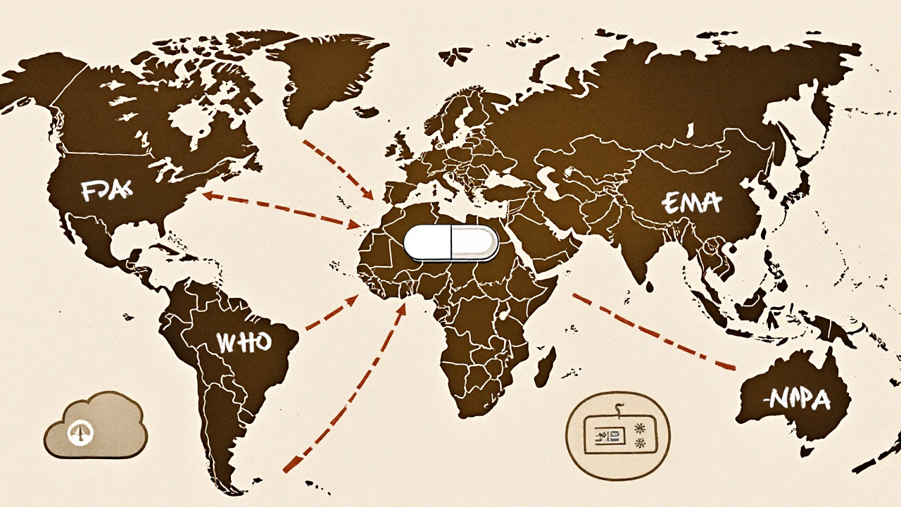 Global map with regulatory agencies connected to a central generic pill, surrounded by medical icons.